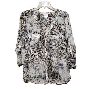 Jaclyn Smith L Top Blouse Animal Print V Neck Black White Gray Tan Sheer